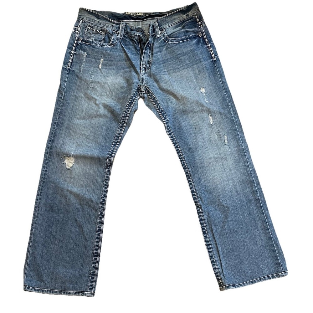 BKE Carter Bootleg Men's Jeans 33L (32x28) Thick Stitch Distressed Denim Buckle‎